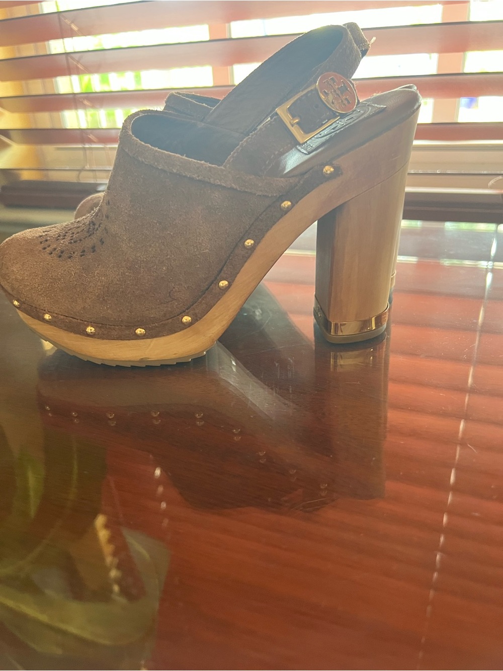 Tory Burch Suede Studded Slingback Clog Heels - Brown - Picture 8 of 11